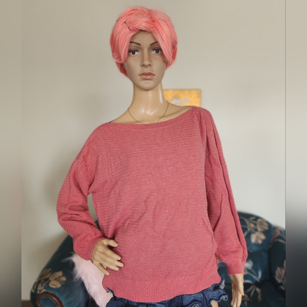 Coral Pink Long Sleeve Slightly Off-Shoulder Sweater Top